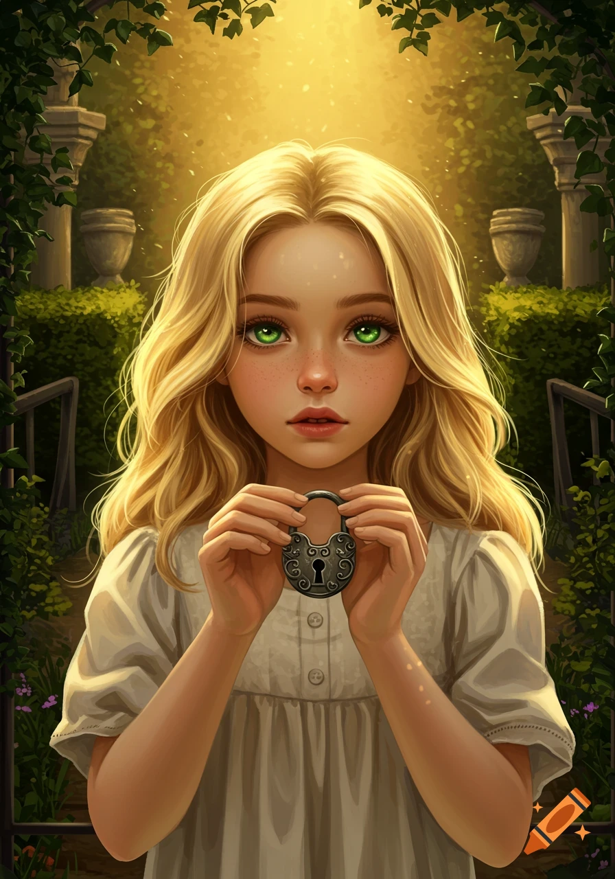 A stylized illustration of a blonde girl with striking green eyes holding an ornate padlock in a sunlit garden.
