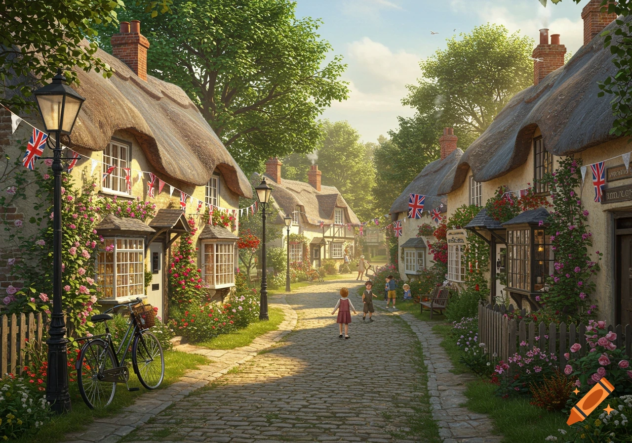 A charming English village street with thatched cottages, Union Jack flags, blooming flowers, and children playing.