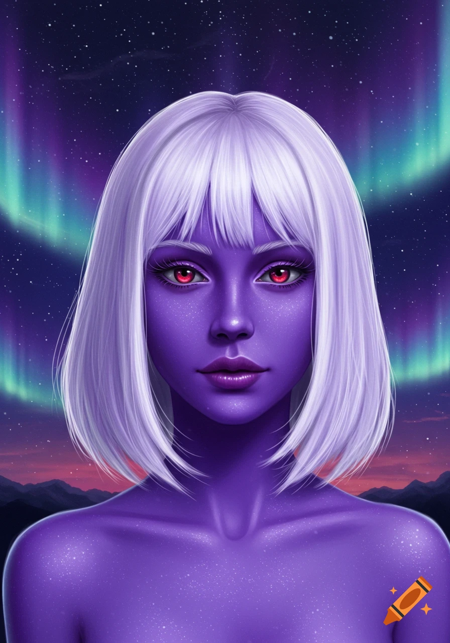 A close-up portrait of a woman with violet skin, white bob hair, and striking red eyes, against a night sky with aurora borealis.