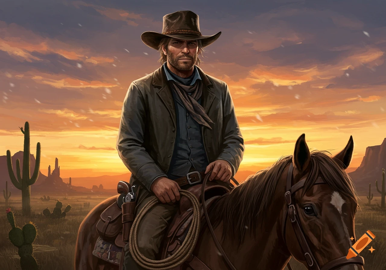 A rugged cowboy on horseback against a vibrant desert sunset, with cacti in the foreground and mountains in the distance. Stylized illustration.