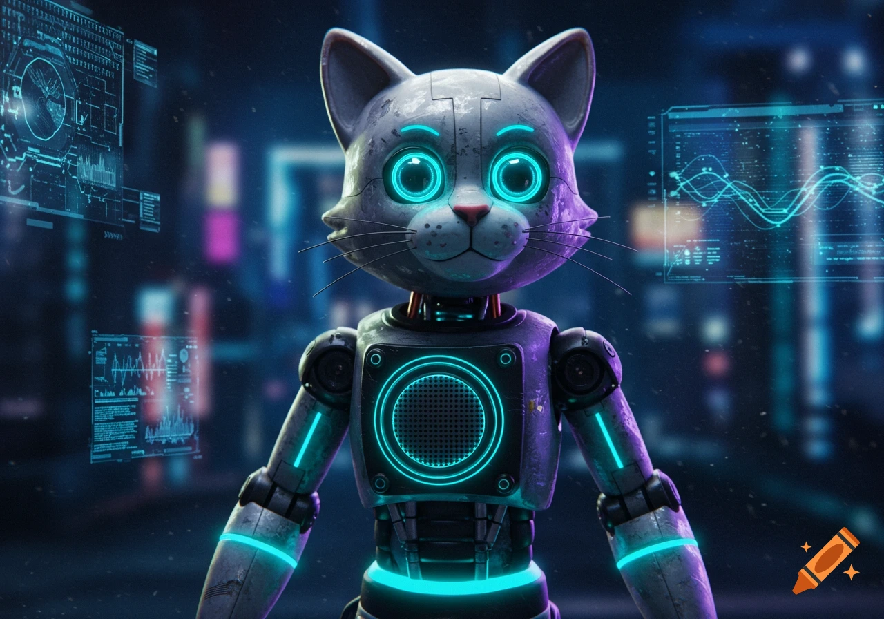 A 3D anime-style futuristic robot cat with glowing blue eyes and chest speaker, standing in a dark city with holographic displays.