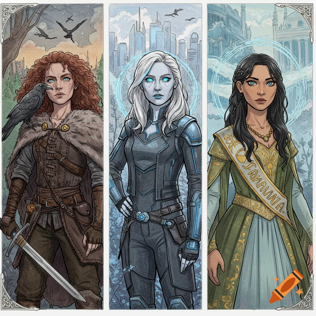 Three vertical panels depicting stylized female characters: a red-haired warrior with a raven, a white-haired woman in sci-fi armor, and a dark-haired princess.