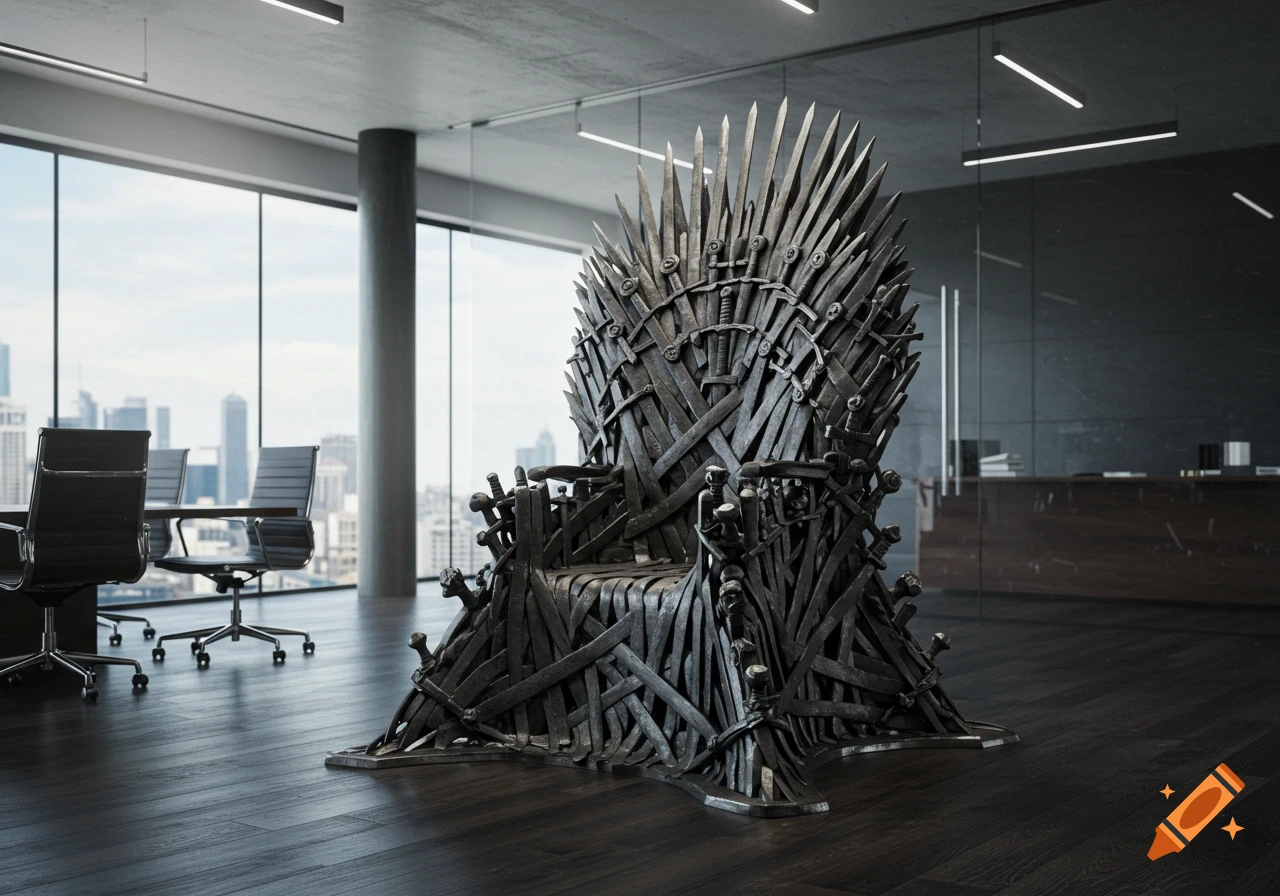A photorealistic image of a throne made from office chair arms, resembling the Iron Throne, in a modern office building with a city view.