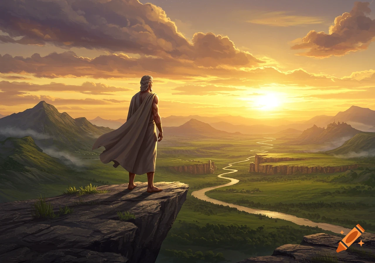 A man in a flowing cape stands on a cliff, overlooking a vast green valley with a winding river and mountains at sunset, in an epic fantasy style.