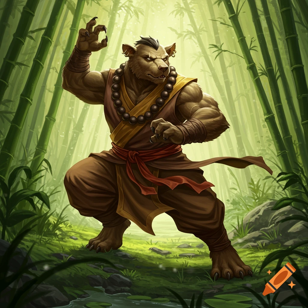 A muscular bugbear monk in a martial arts pose stands in a vibrant bamboo forest.
