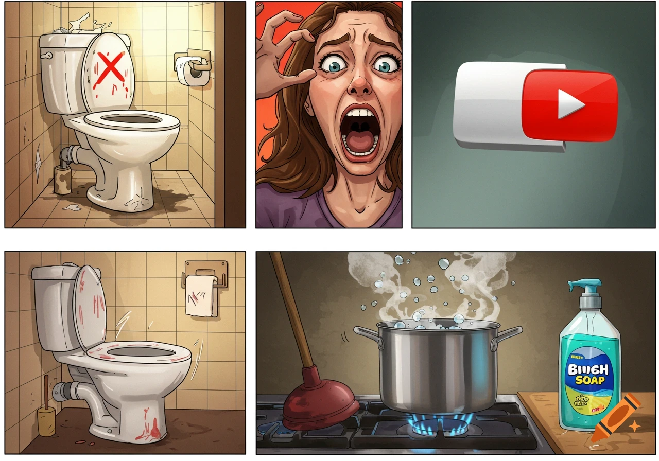 Six-panel cartoon: a broken toilet with an X, a screaming woman, a YouTube logo, a dirty toilet, a plunger and boiling water, and a bottle of soap.