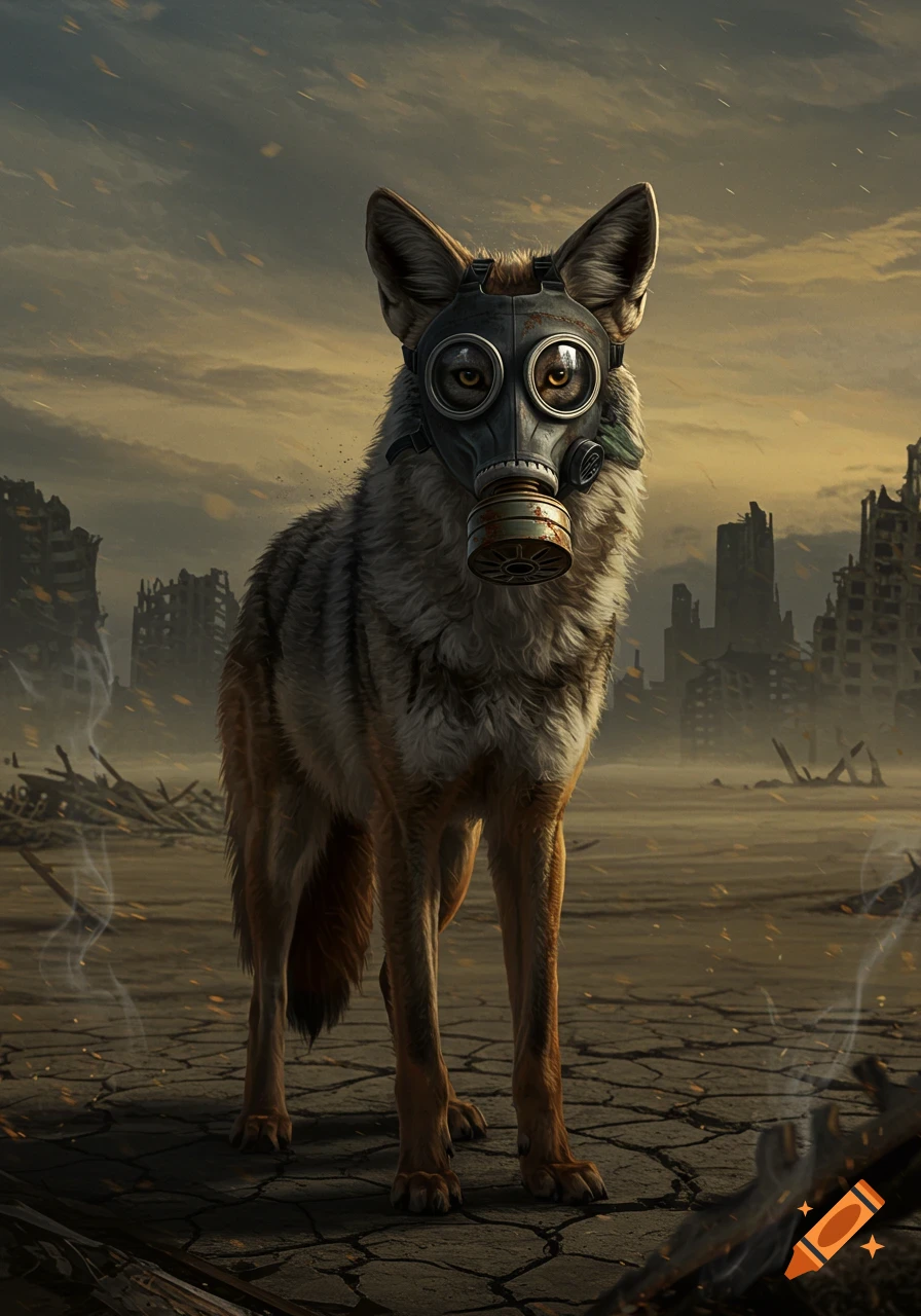 A photorealistic digital painting of a coyote in a gasmask standing in a desolate, post-apocalyptic wasteland with ruined buildings.