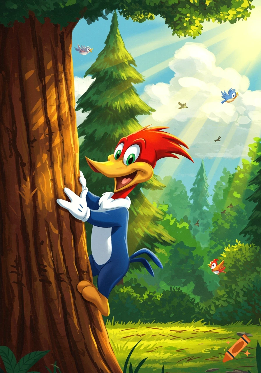 Woody Woodpecker peeking from behind a tree in a sunny, green forest with birds flying.