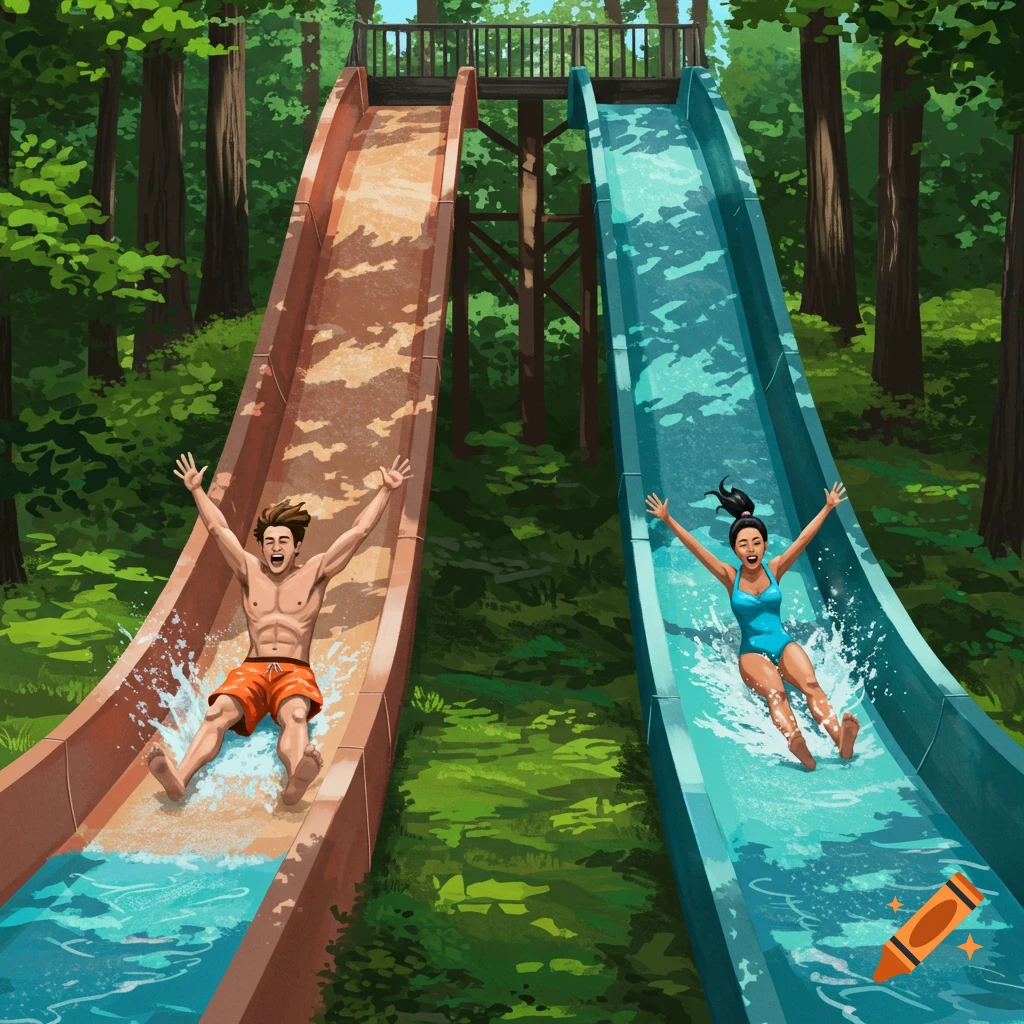 A man and a woman joyfully ride down two separate water slides through a lush green forest, splashing water.