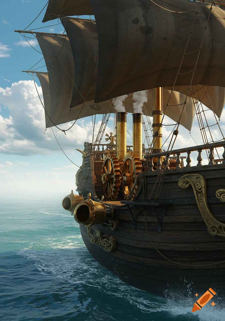 Realistic drawing of a dark brown steam-powered pirate ship with large gears and smoking chimneys sailing on a calm, blue ocean.