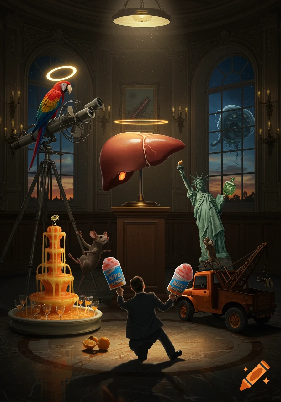 A surreal auction in a grand hall, with a giant liver on a pedestal under a halo. A parrot with a halo sits on a telescope. A mouse climbs the telescope. Two men hold ice cream cups, one is kneeling. A Statue of Liberty figure holding a bottle is near a tow truck. An orange juice fountain stands to the left. A large amoeba is visible outside a window.
