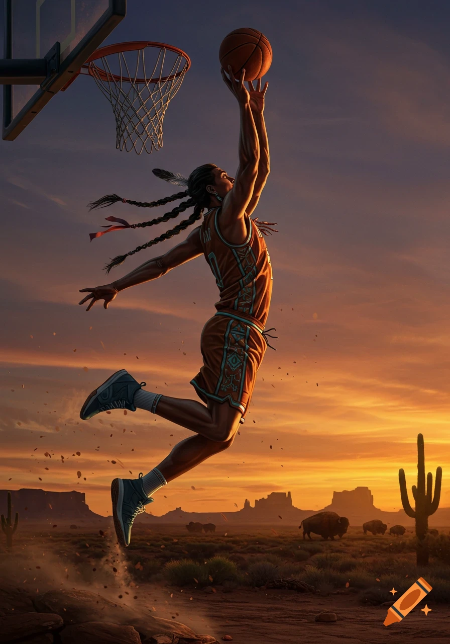 A Native American basketball player in mid-air dunking a basketball at sunset in a desert landscape with mountains and buffalo.