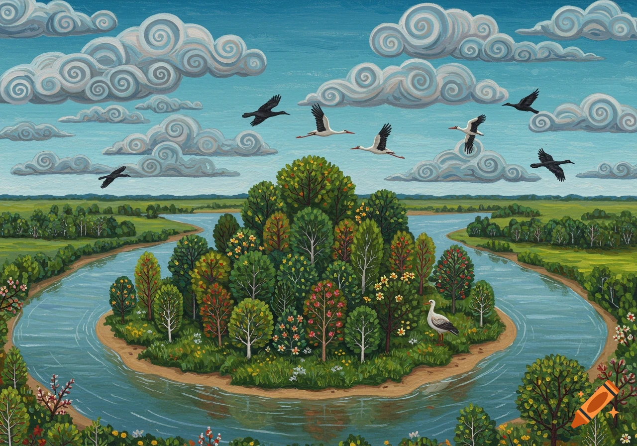 An aerial, folk art painting of a lush, tree-covered island in a winding river with a stork, and birds flying under swirling clouds.