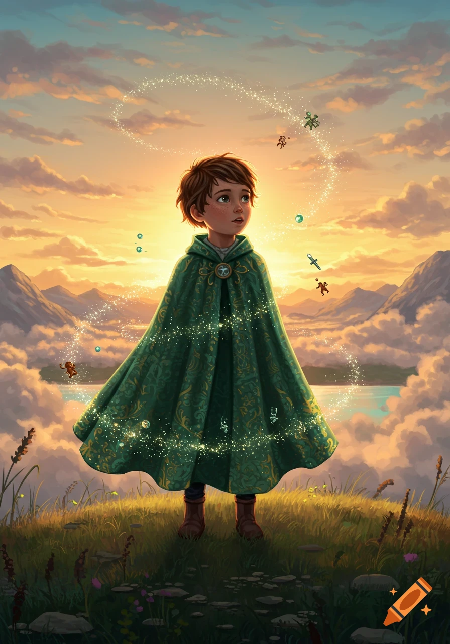 Young boy in ornate green cloak on a hill at sunset, looking at sparkling magic. Mountains and lake in background, illustration.