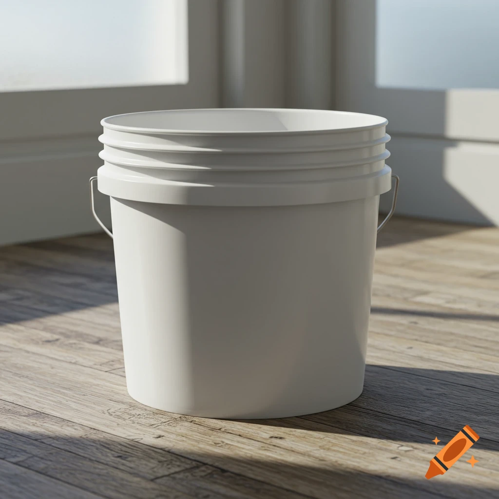 A white five-gallon bucket stands upright on a wooden floor, with sunlight casting shadows from a nearby window.