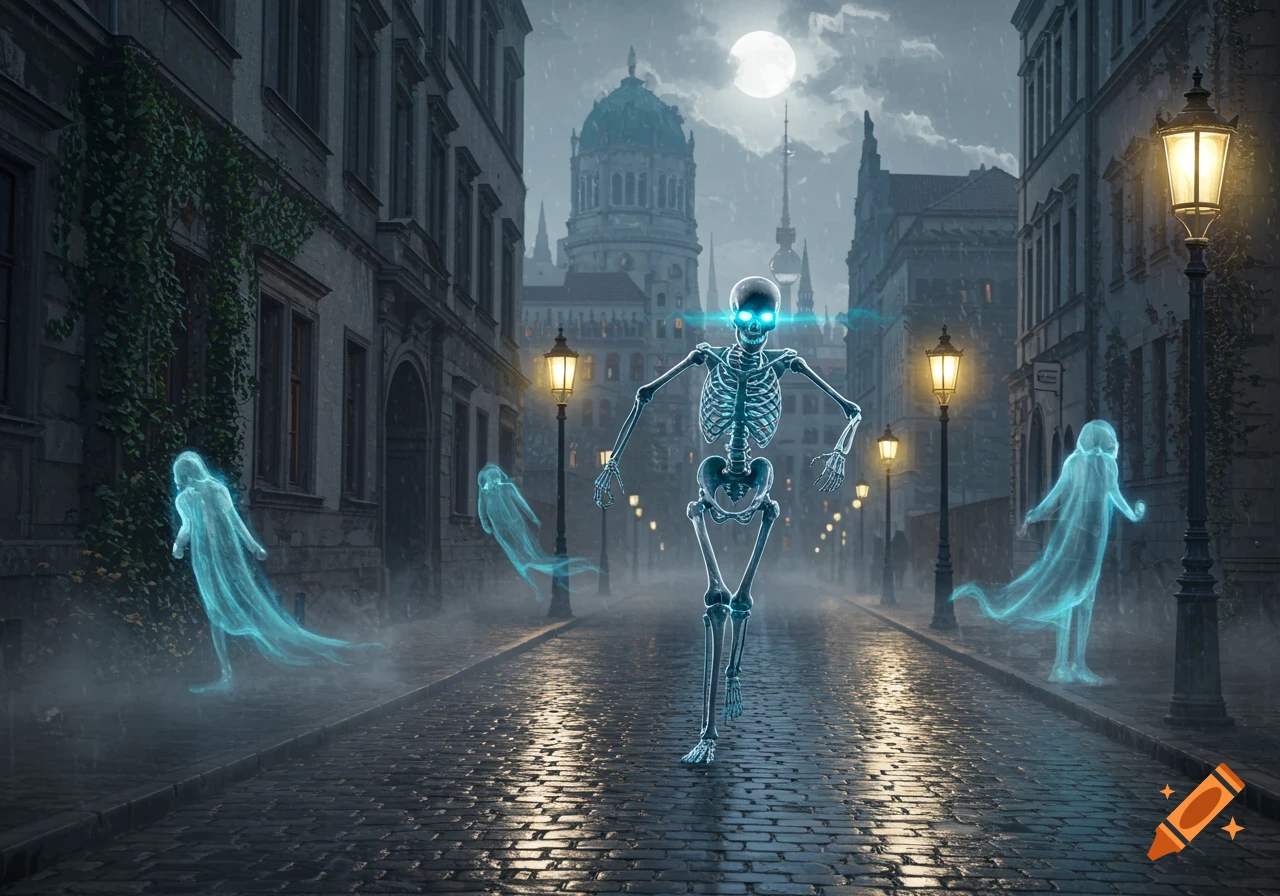 A glowing skeleton runs on a wet cobblestone street at night, illuminated by lamps and a full moon, with misty blue ghosts floating by old buildings.