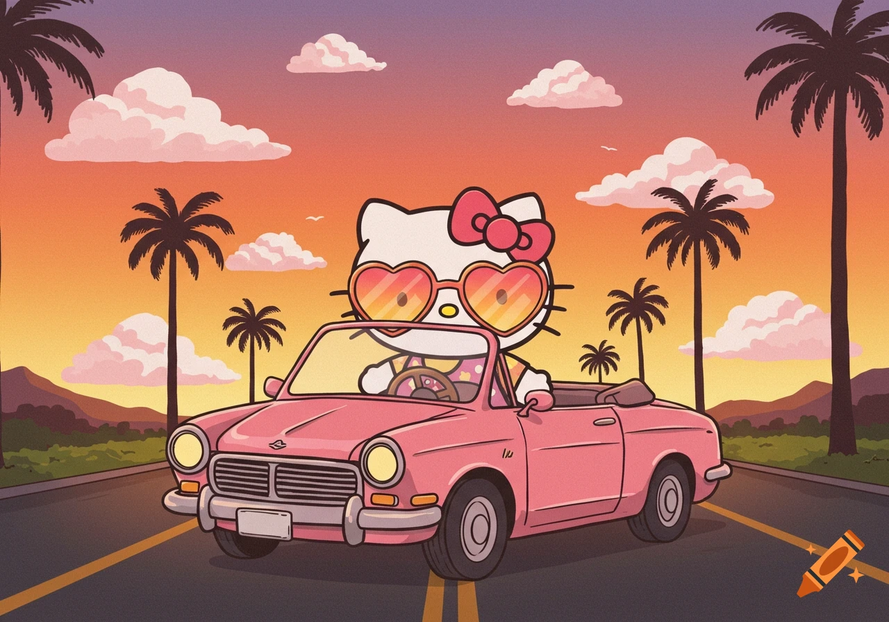 Hello Kitty in heart sunglasses drives a pink convertible down a road at sunset with palm trees. Graphic design.