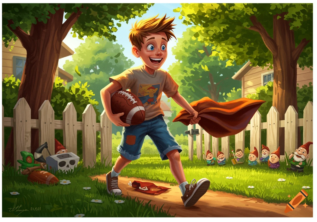 A joyful boy with a football and a red cape walks past a picket fence, surrounded by whimsical garden gnomes and lush trees.