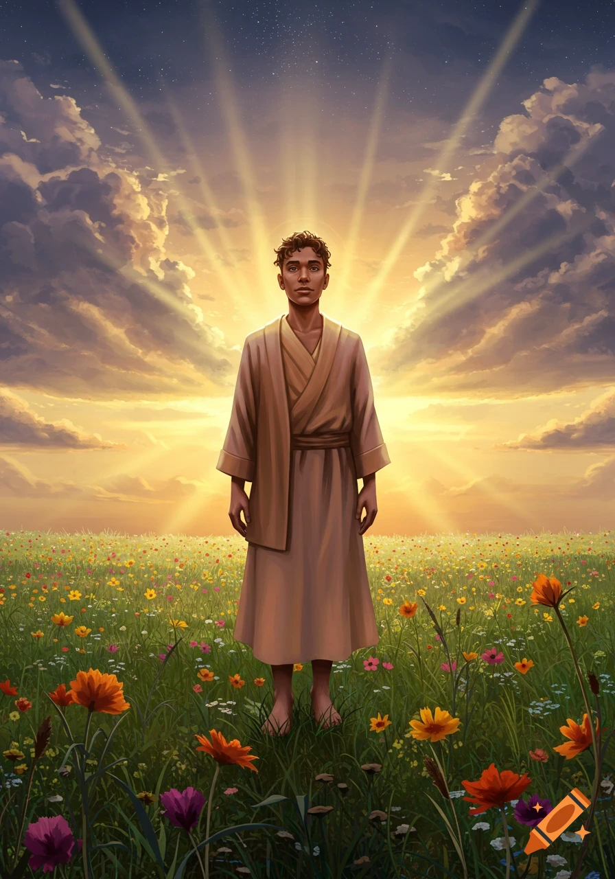 A person in flowing robes stands in a vibrant wildflower field with bright sun rays beaming from a cloudy sky.