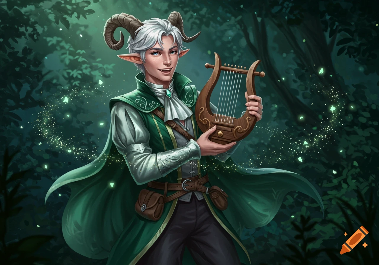 A smiling white-haired satyr in green attire, with ram horns and pointy ears, holds a lyre in an enchanted forest with glowing particles.