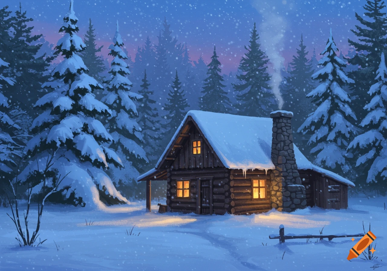 A cozy snow-covered cabin nestled in a dark, snowy forest with smoke rising from its chimney, illuminated windows, and falling snow.