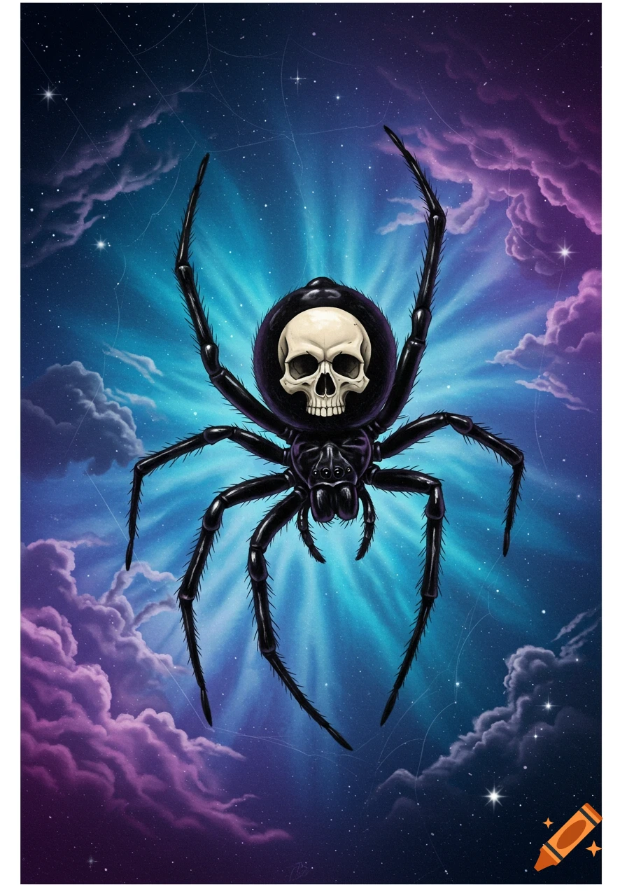 A stylized illustration of a black spider with a skull on its back, set against a background of blue and purple nebulae and stars.