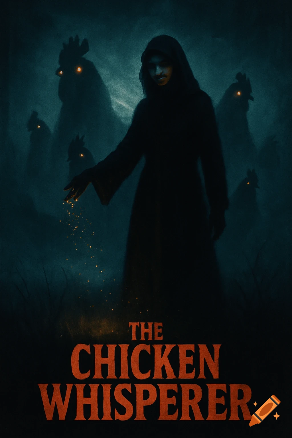 A dark, ominous movie poster for 'The Chicken Whisperer' showing a hooded figure scattering glowing dust towards shadowy chickens with glowing eyes.
