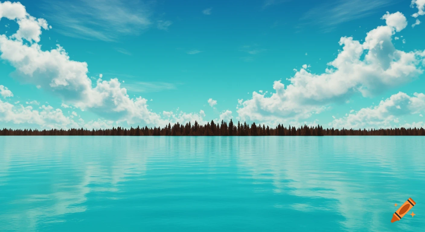 A serene turquoise lake with a distant line of dark brown trees under a vibrant blue sky with white clouds.