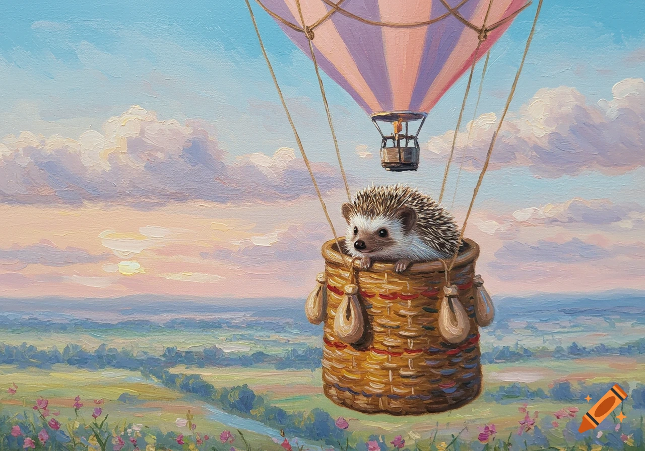 An impressionistic painting of a hedgehog in a hot air balloon flying over a landscape at sunset.
