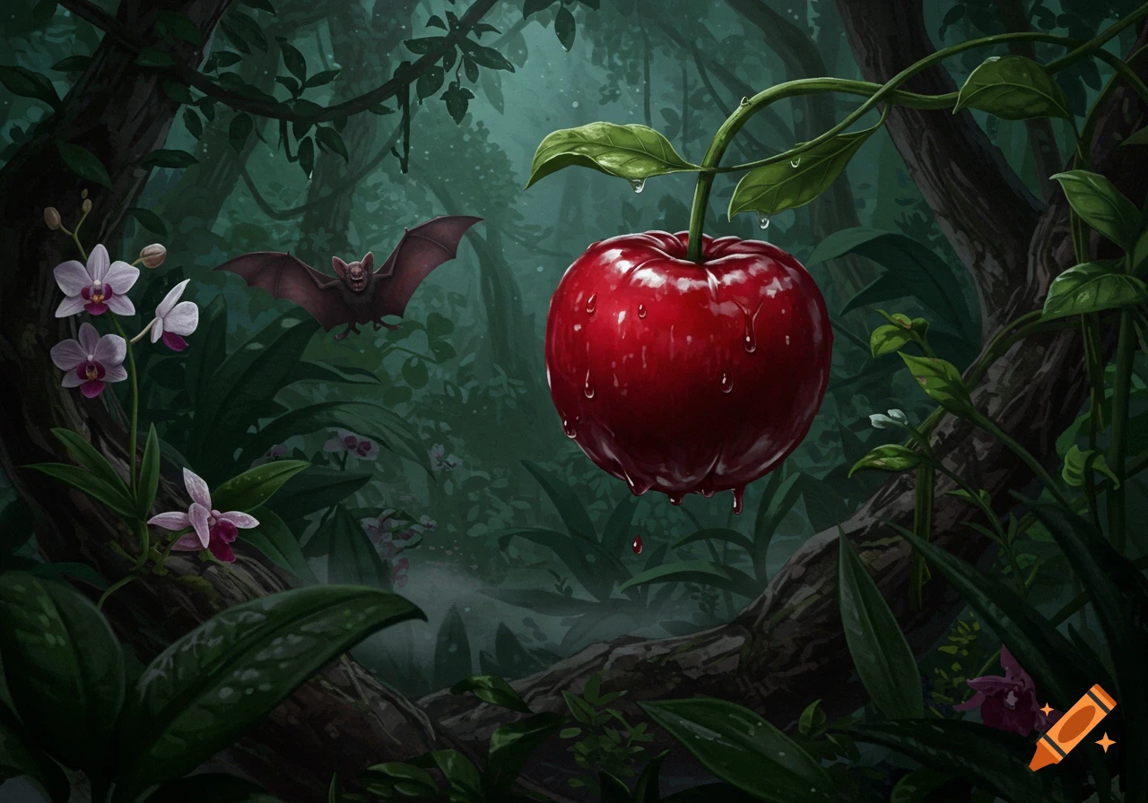 A large, glistening red apple hangs from a vine in a dark jungle, with a bat flying behind it and orchids in the foreground. Digital art.