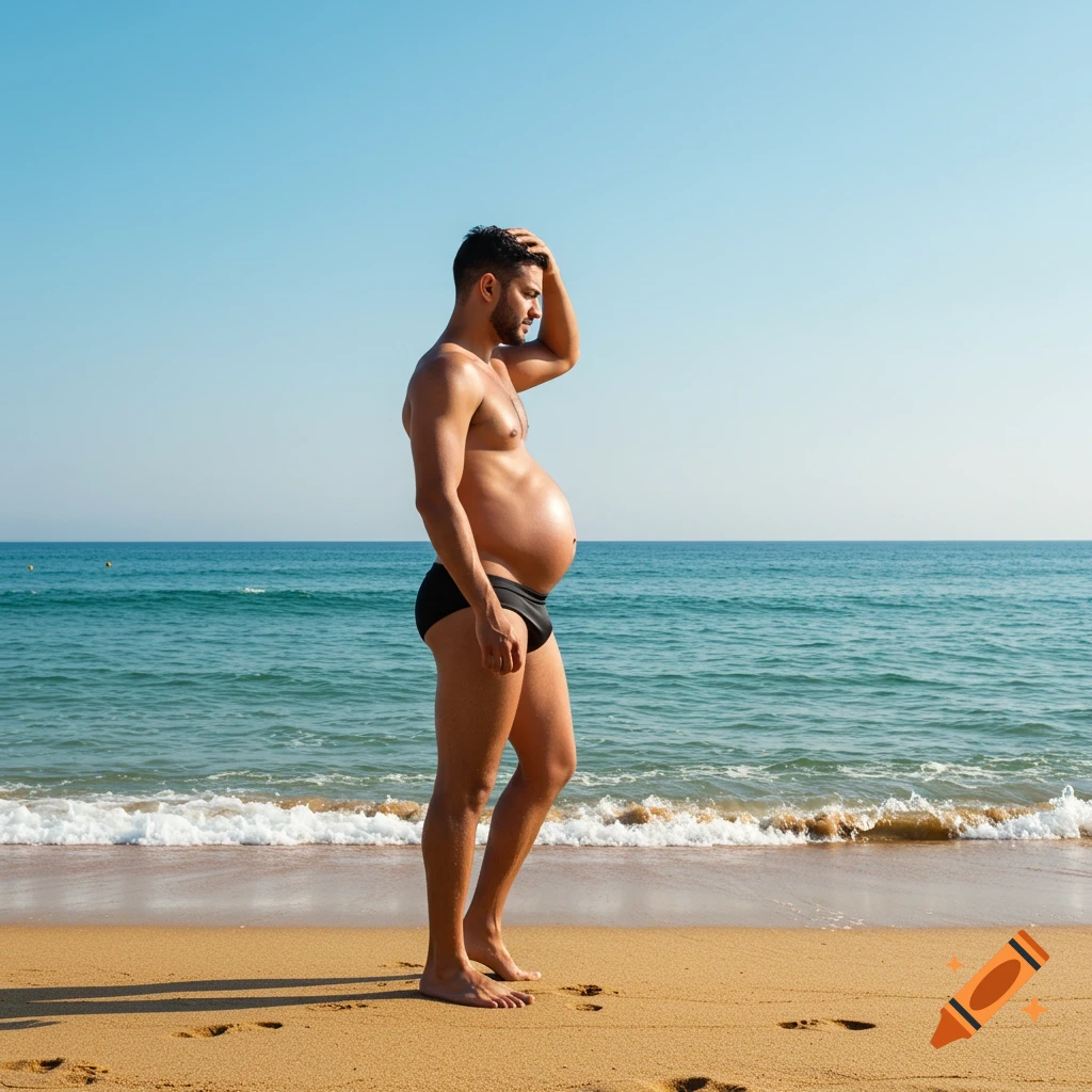 A man with a pregnant belly bump stands on a sandy beach next to the ocean under a clear sky.