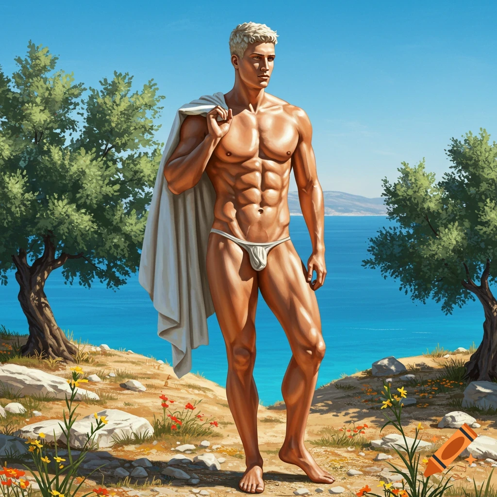 A muscular man in a white thong and toga stands on a rocky hill overlooking a blue sea, under a clear sky.