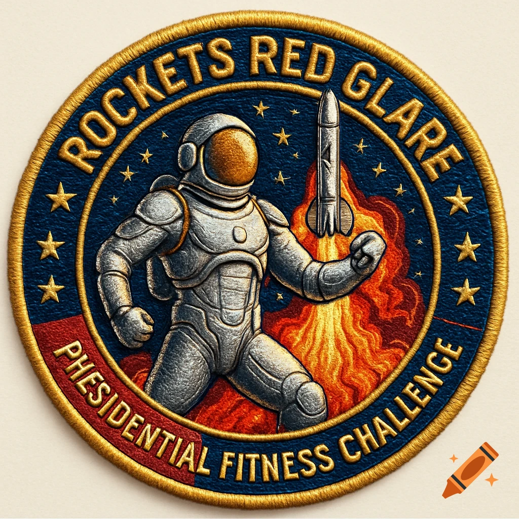 Embroidered space mission patch with an astronaut, rocket, and text 'Rockets Red Glare Presidential Fitness Challenge'.