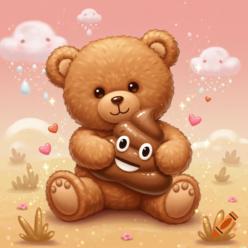 A cute brown teddy bear sits holding a smiling poop emoji in a whimsical pink landscape with clouds and hearts.