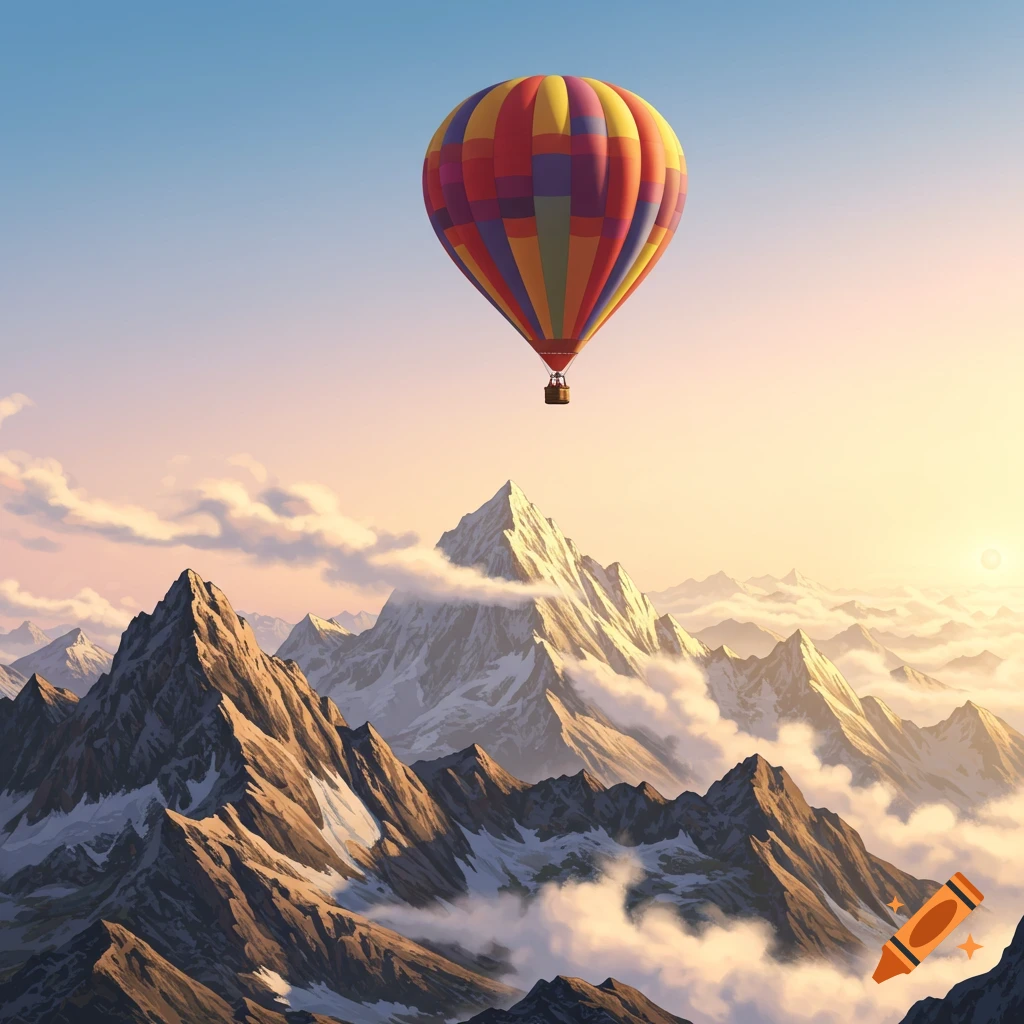 A vibrant hot air balloon floats above majestic snow-capped mountains and clouds during sunrise.
