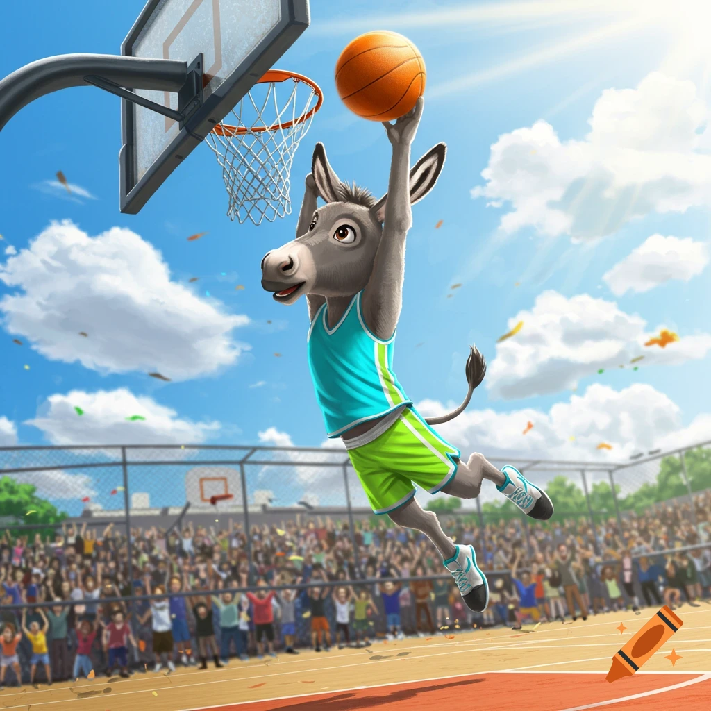 A cartoon donkey in a teal and green basketball uniform dunks a basketball in a stadium with a cheering crowd under a blue sky.