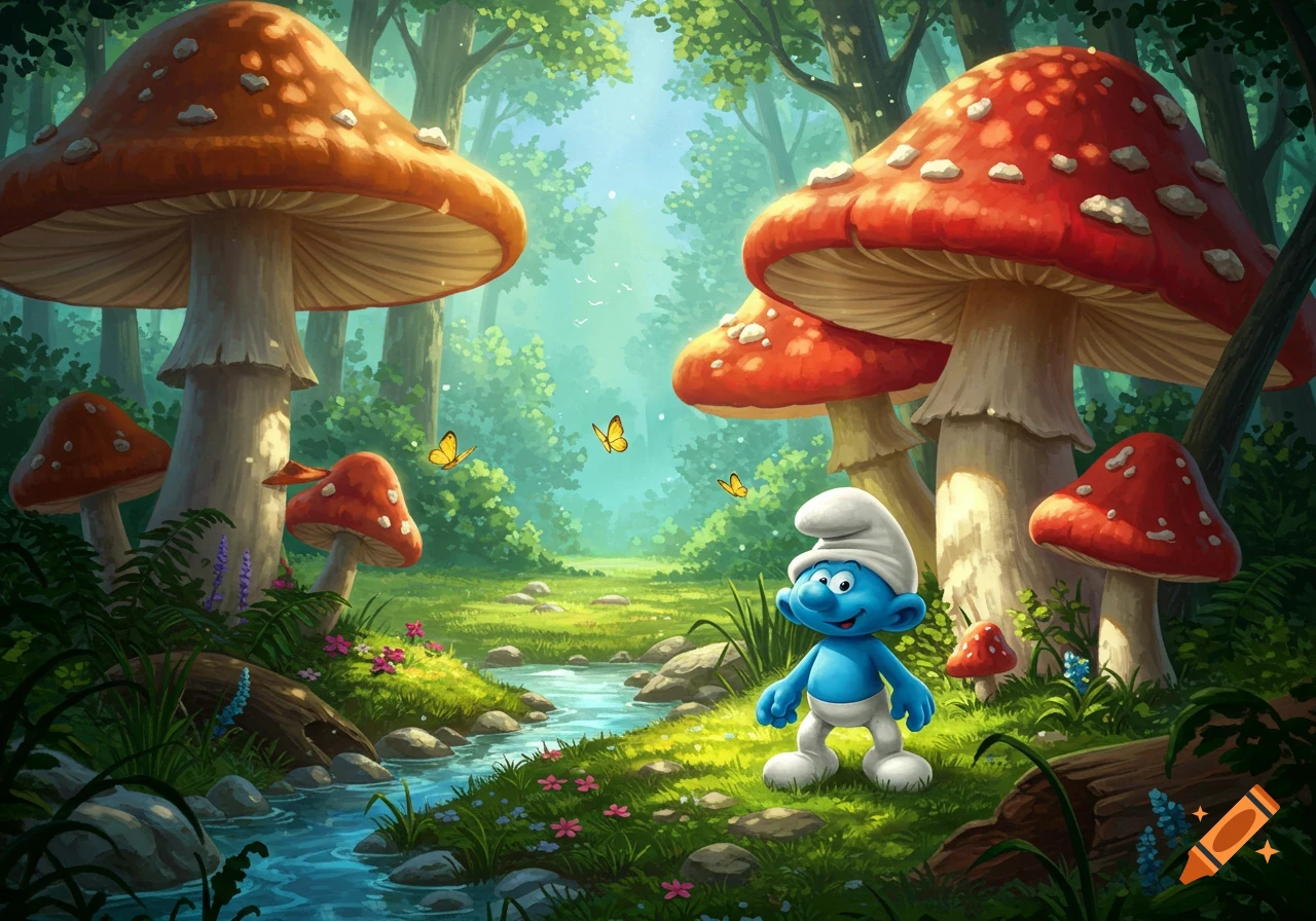 A cheerful blue Smurf stands in a vibrant, whimsical forest with giant red-capped mushrooms, a flowing stream, and butterflies.