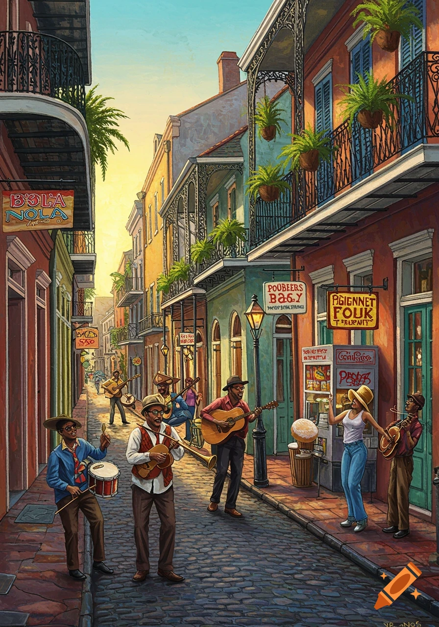 Vibrant painting of musicians playing in a bustling New Orleans street lined with historic buildings and balconies.