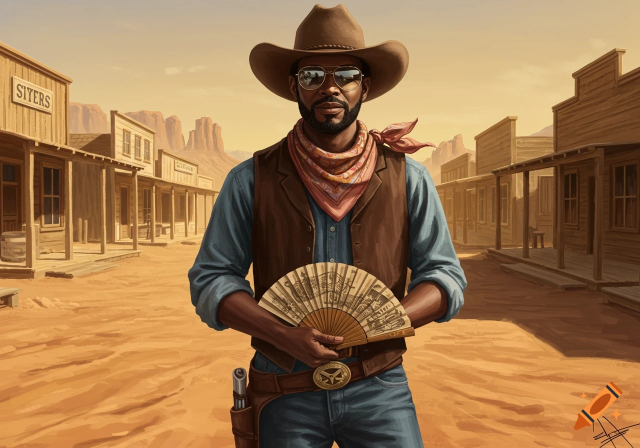 A Black cowboy in a brown hat and vest holds an ornate fan in a dusty Western town with buildings and mountains.