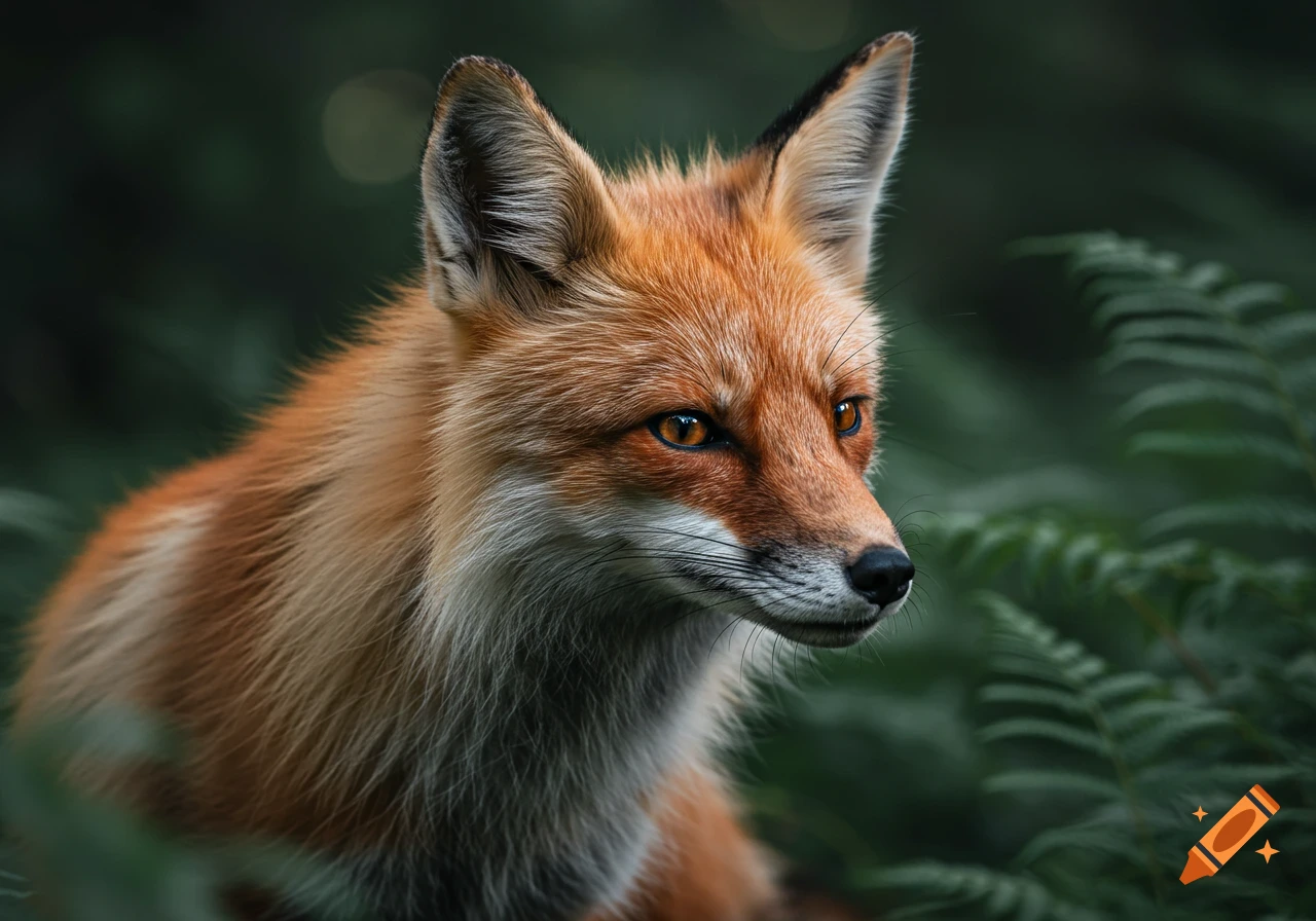 A close-up, photorealistic portrait of a red fox with bright amber eyes, looking right, surrounded by dark green foliage.