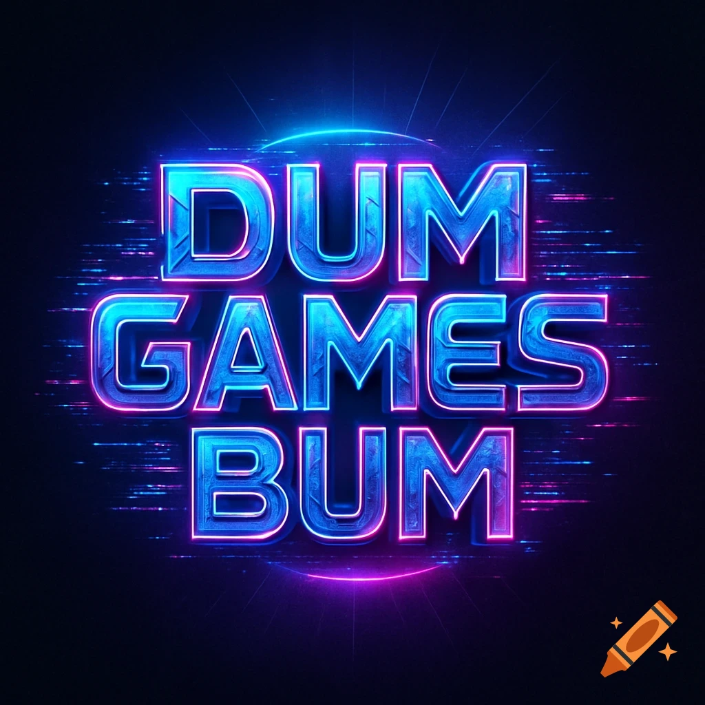 Cyberpunk logo for 'DUM GAMES BUM' with glowing blue and pink neon text and digital background elements.