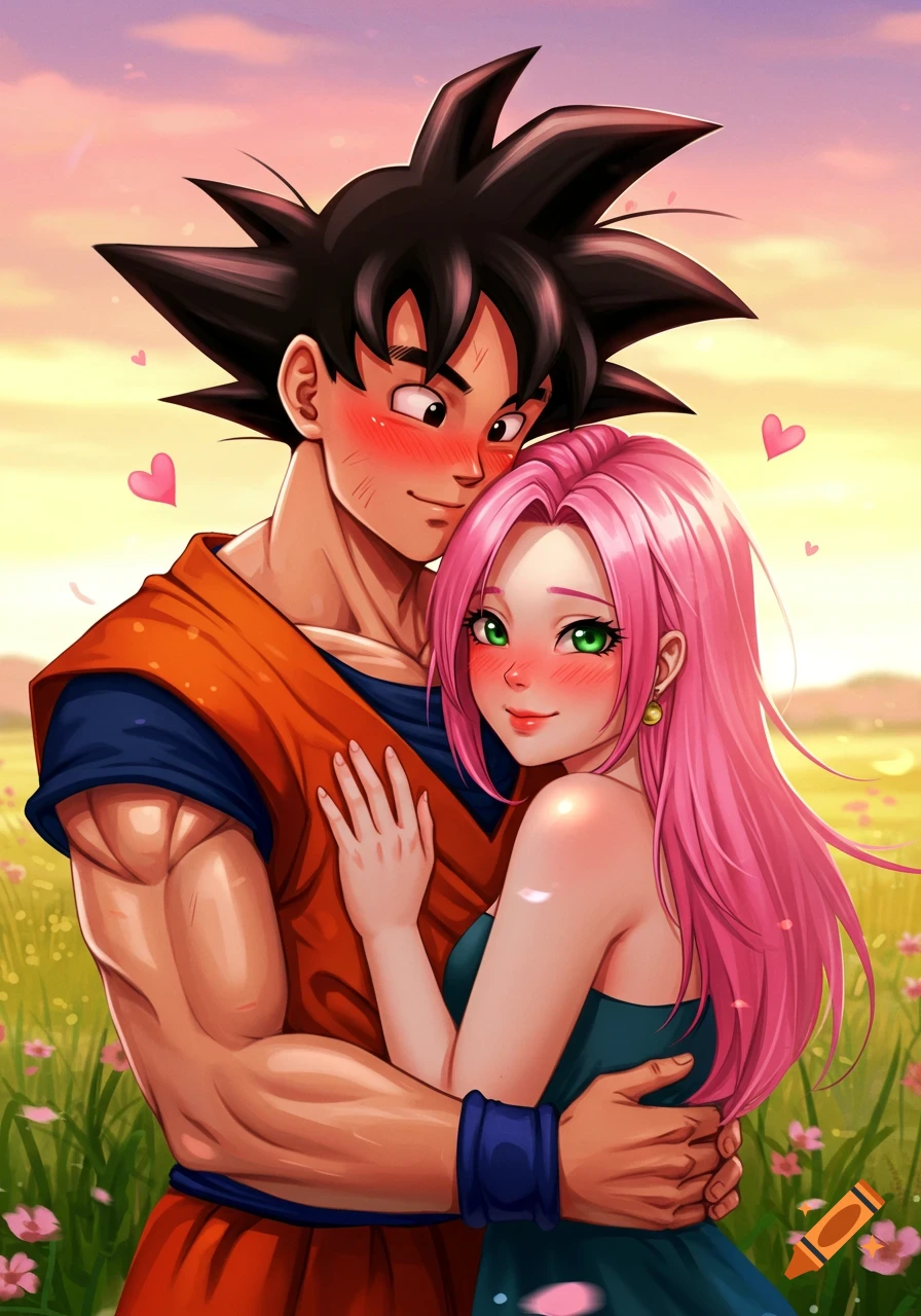 Anime style illustration of Goku hugging a pink-haired woman in a field with floating hearts at sunset.