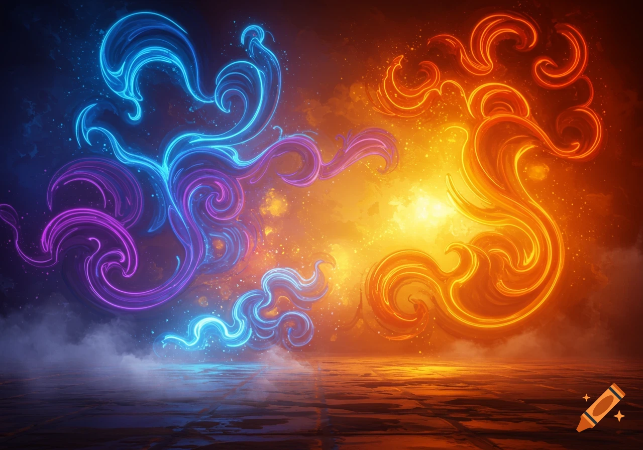 Abstract glowing swirling lines in blue, purple, and orange against a dark, cosmic background with a reflective floor.