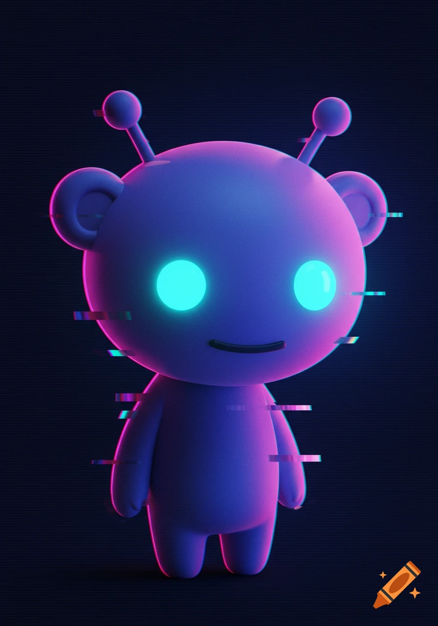 A purple cartoon alien-like character with glowing blue eyes and antennae, standing on a dark background with neon pink/blue lighting and glitch effects.