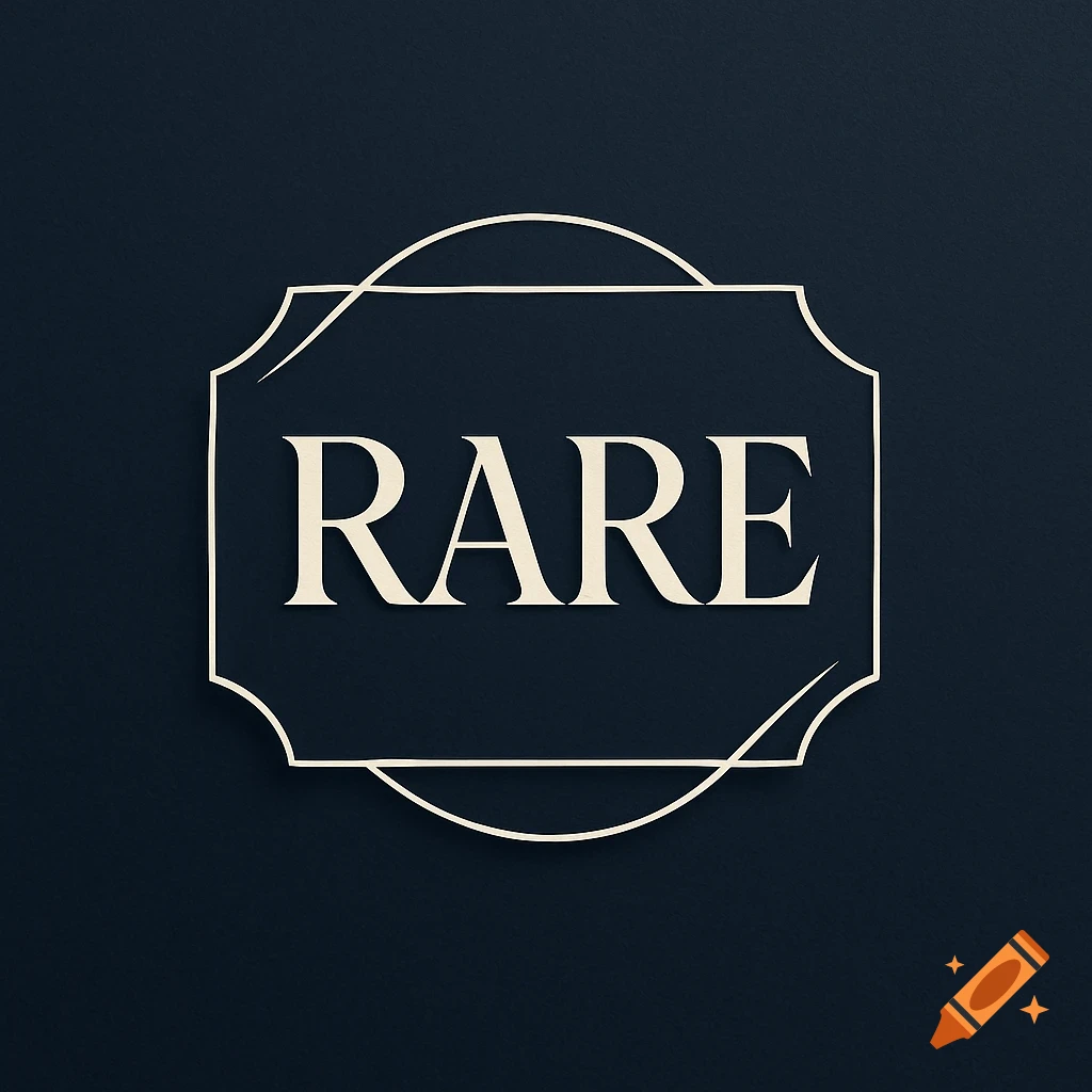 Elegant logo with the word 'RARE' in a white decorative frame on a dark blue background.