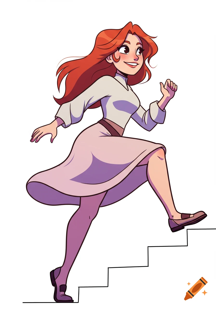 A smiling cartoon woman with long red hair, wearing a white top and pink skirt, strides confidently up a set of stairs.