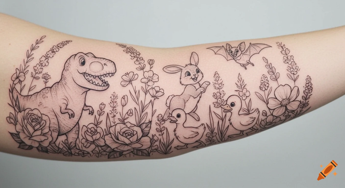 Black and grey outline tattoo on an arm featuring a cartoon T-Rex, bunny, two ducklings, and a bat in a whimsical garden.