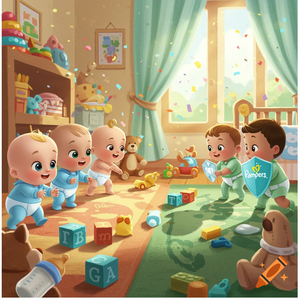 Cute illustrated babies playing with blocks and shields in a colorful nursery with confetti falling.