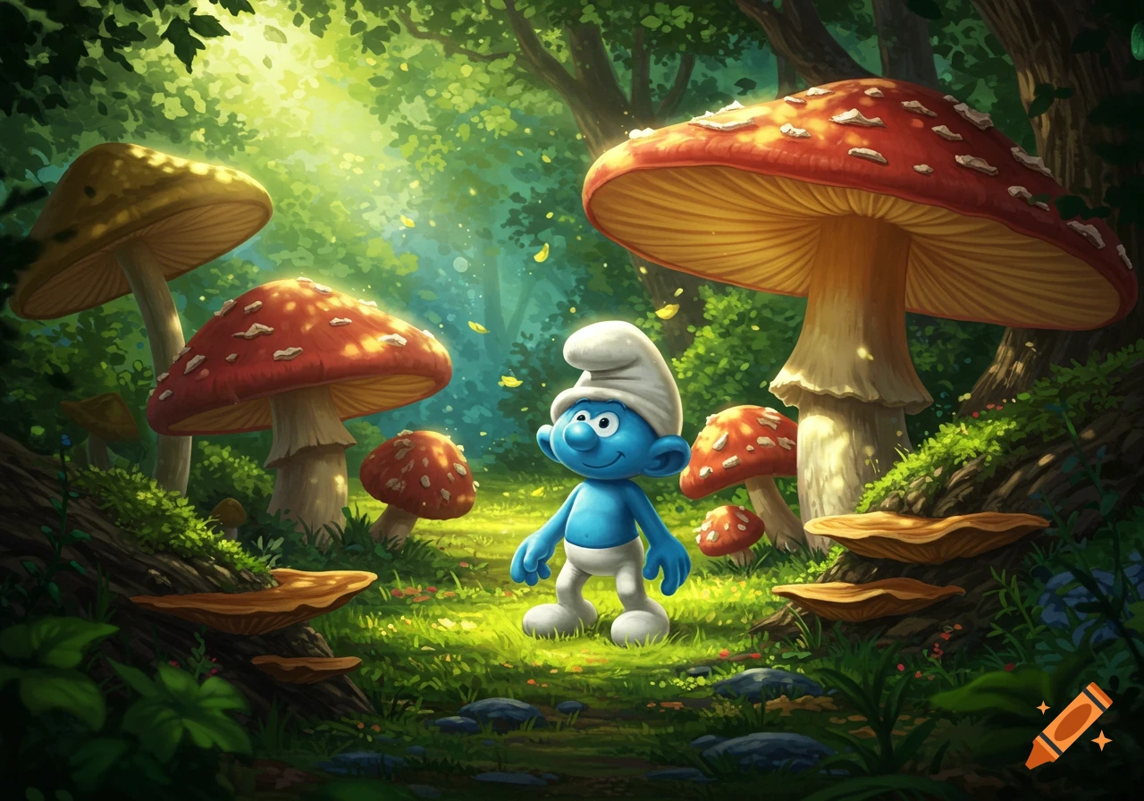 A cheerful blue Smurf stands in a vibrant, sunlit fantasy forest surrounded by large red and yellow mushrooms.