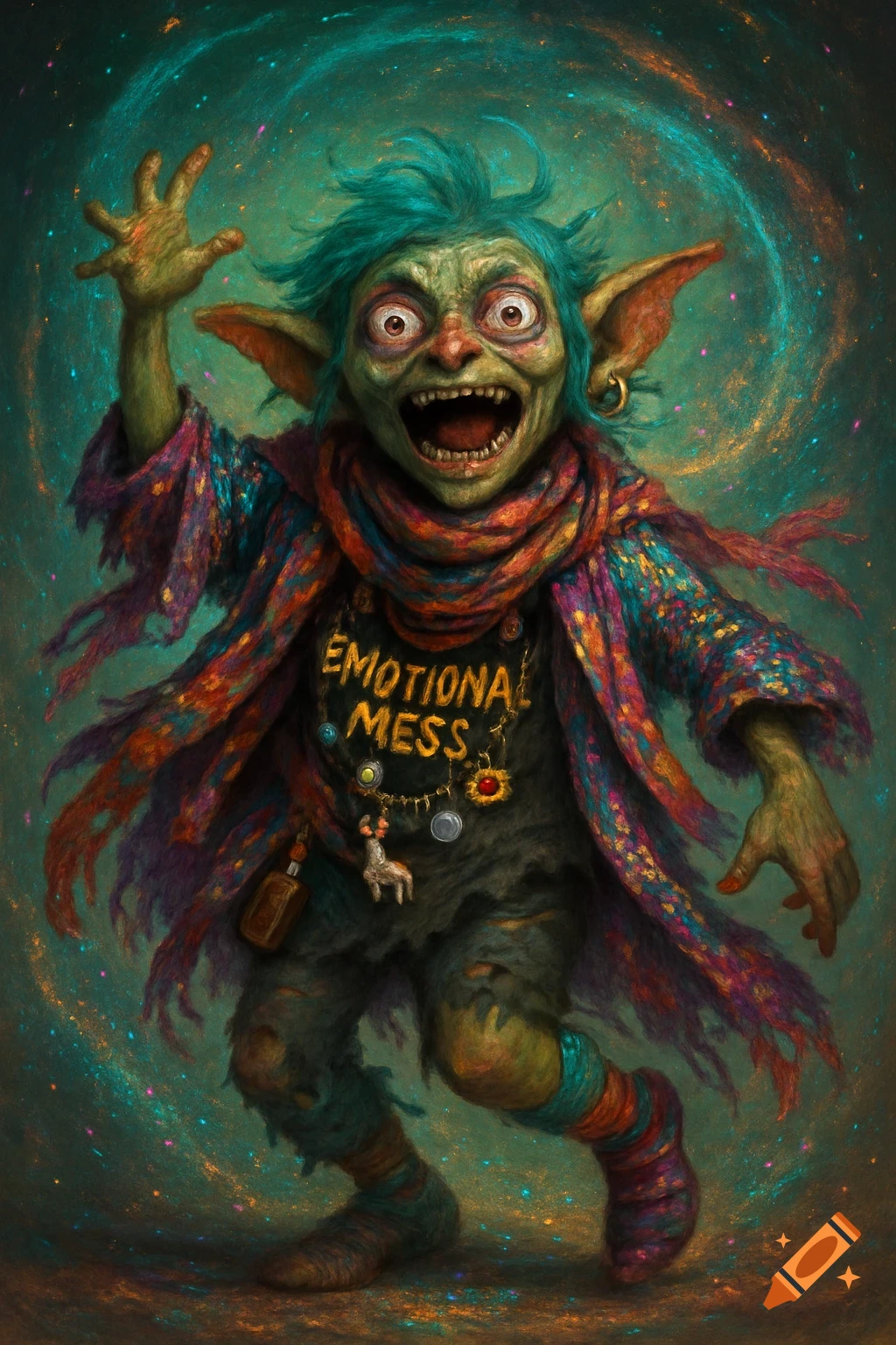 A screaming green goblin with teal hair, wearing a colorful, layered outfit and a shirt that reads 'EMOTIONAL MESS', stands against a swirling cosmic background.